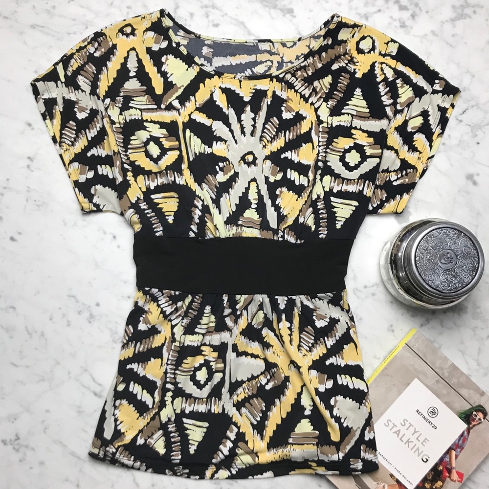 Black Printed Short Sleeve Tie-Back Blouse Top